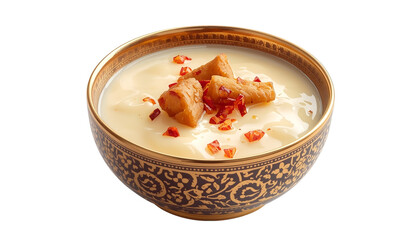 A bowl of creamy soup with dumplings and chili flakes on transparent background