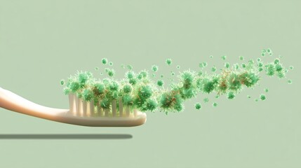 Brush shows germs and bacteria with green particles on toothbrush bristles