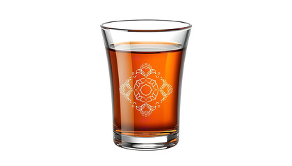 A glass of amber liquid with an intricate design on transparent background