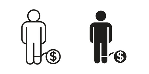 Man with debt icons on white background. EPS 10. Editable linear style stroke. Vector icon