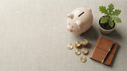 Financial Growth Concept: Piggy Bank, Coins, and Oak Sapling