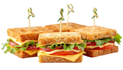 A delicious arrangement of sandwiches on toothpicks against a transparent background
