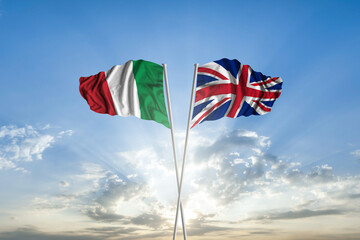 Waving National flag of Italy and flag of United Kingdom