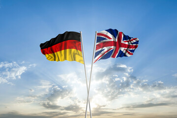 Waving National flag of Gernany and flag of United Kingdom