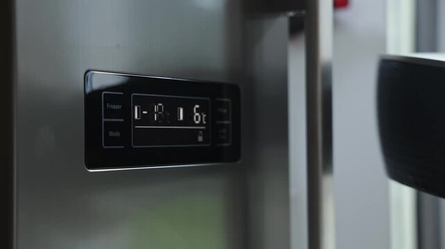 Man opening refrigerator door to retrieve food items with visible temperature display