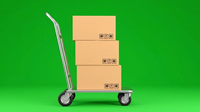 A dolly with three stacked cardboard boxes on a green background, showcasing a common business delivery or moving scenario.