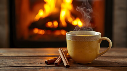 A cup of hot lemon tea with cinnamon sticks and a cozy fireplace in the background, perfect for a relaxing winter day at home