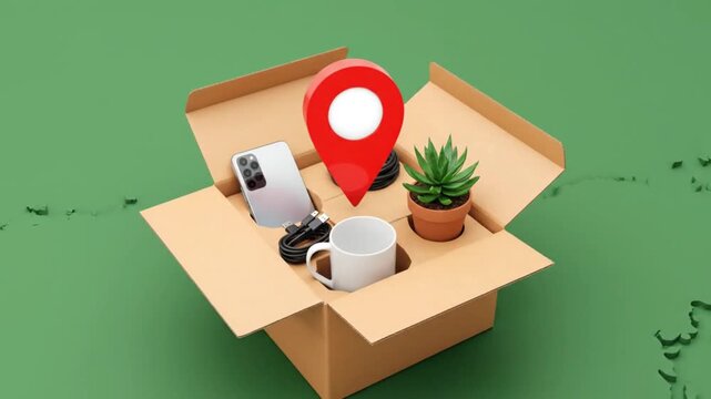Isometric view of an open cardboard box containing office items like a mug, plant, and smartphone on a green background with a red location pin, symbolizing business relocation or delivery.