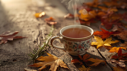 A steaming cup of warm tea sits on a rustic wooden surface amidst autumn leaves in sun rays