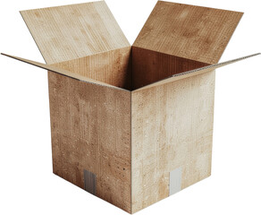 Isolated Open Cardboard Shipping Box Floating on Transparent Background