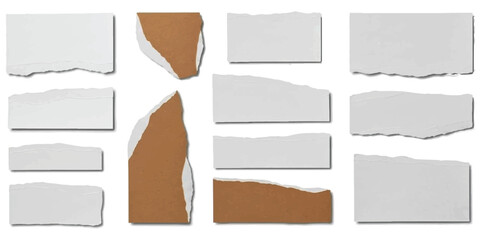 Fototapeta premium Collection of different torn paper pieces and cardboard fragments isolated on white background