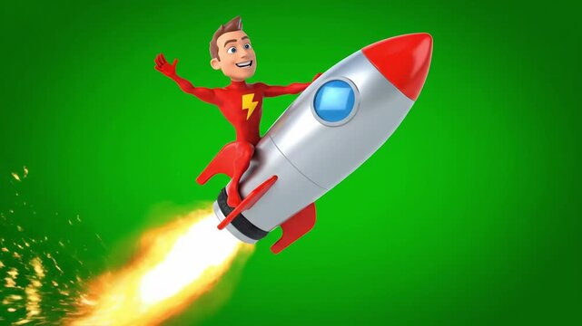 A cartoon superhero in a red costume flies through the air on a silver and red rocket with flames, against a green background, conveying a sense of action and adventure in a business