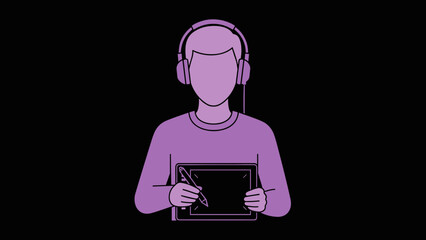 Person wearing headphones holding a drawing tablet and stylus.