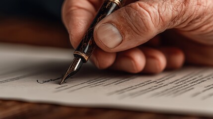 高級万年筆で重要書類に署名する手のクローズアップ