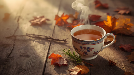 A steaming cup of warm tea sits on a rustic wooden surface amidst autumn leaves in sun rays