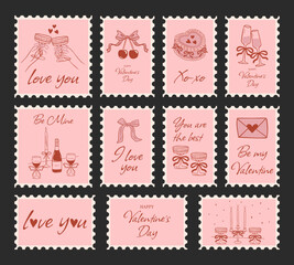 Set pink of postage stamps for Valentine's Day in an elegant coquette style. Vintage stickers, postcards in the form of a postmark. Romantic retro doodle stickers. Vector illustration.
