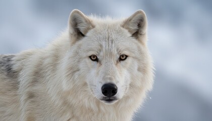 Obraz premium Arctic white wolf stares directly forward with piercing amber eyes while standing against a blurred snowy mountain landscape in winter