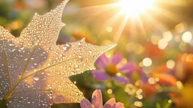 A dew-covered maple leaf glistens brightly against the warm morning sunlight filtering through nature.