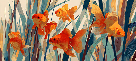 Group of goldfish swimming together in water with plants and aquatic vegetation surrounding them peacefully always
