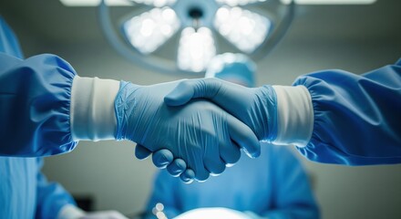 Close up of surgeons in blue latex gloves shaking hands in operating room symbolizing successful surgery, medical teamwork and saving lives.