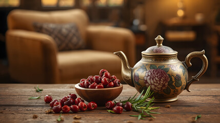 Cozy tea still life with red berries and teapot, cafe or home decor
