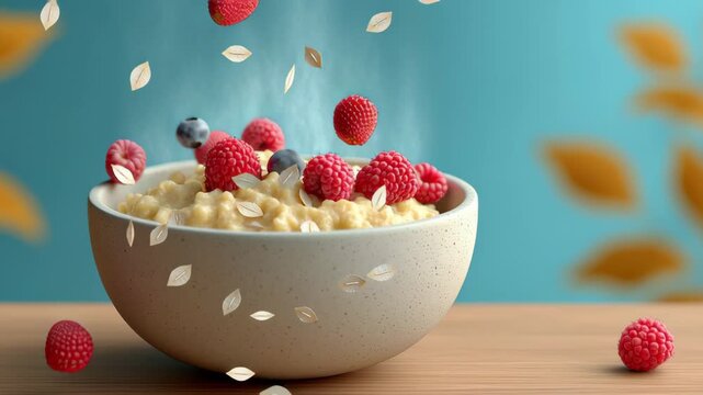 Bowl of oatmeal with fresh raspberries and blueberries being topped with oats and leaves, showcasing the dynamic process of preparing a healthy breakfast in a vibrant kitchen setting