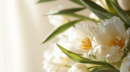 Obraz premium Flowers bloom in bright sunlight near a window during morning hours