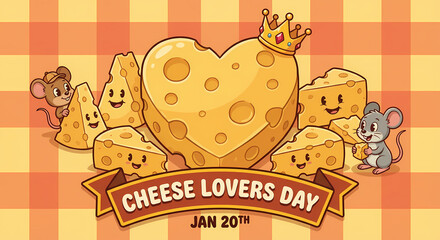  Cheese Lovers Day with various smiling cheese pieces, including a crowned heart-shaped cheese, on a checkered background.