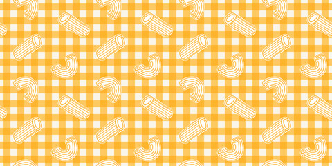 Italian yellow gingham seamless pattern with pasta. Hand drawn outline penne and macaroni. Tablecloth textile with traditional food. Kitchen fabric or textile. Vector illustration art