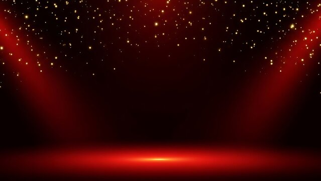 Dramatic red spotlight stage background with golden dust and sparkling light for luxury awards ceremony