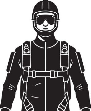 Stylized depiction of a skydiver wearing a jumpsuit and safety equipment