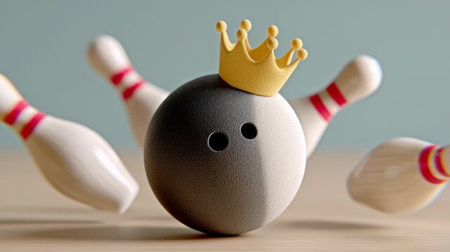 Bowling ball with crown rolls towards fallen pins in a playful scene showcasing the excitement of bowling as the ball approaches the target with dynamic motion and vibrant colors