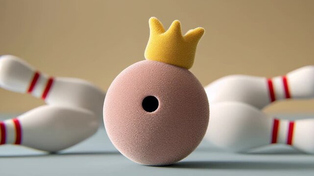 Colorful bowling pin and ball set with playful crown design, showcasing dynamic action sequence of bowling game elements in vibrant indoor setting with soft background