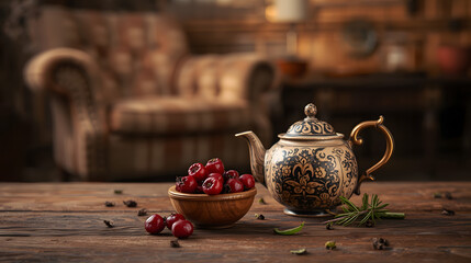 Cozy tea still life with red berries and teapot, cafe or home decor
