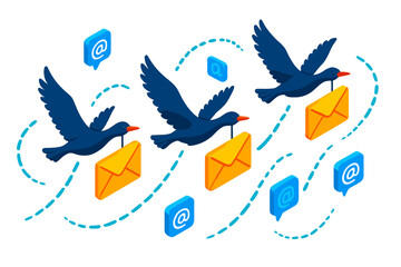 Fototapeta premium Bird Migration Email. Isometric vector illustration set Bird Migration as Email Routing: flock of birds carrying glowing envelopes