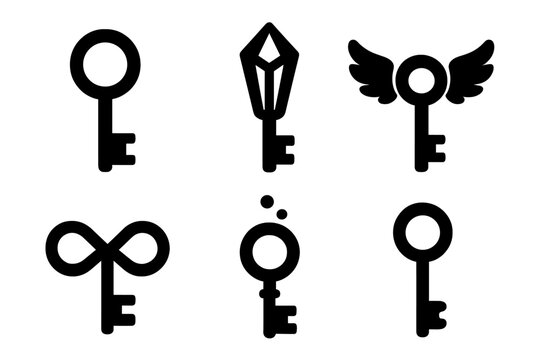 Symbolic Keys Collection. Solid style icons of symbolic keys: skeleton key, crystal key, prism key, winged key, looped key,