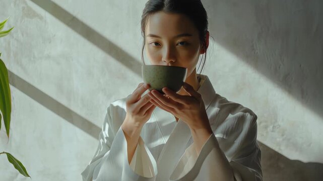 Serene woman in traditional attire enjoying a cup of tea in gentle sunlight