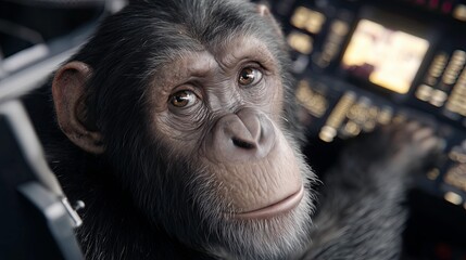 Chimpanzee astronaut seated inside spacecraft cockpit with controls  