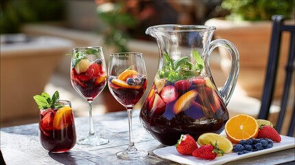 Obraz premium Refreshing fruit sangria in pitcher with glasses and fruits nearby 