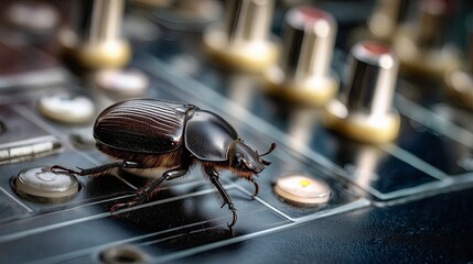 Rhinoceros beetle on spacecraft control panel in macro view  