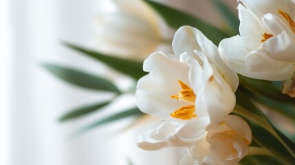 Obraz premium White flowers with yellow centers in soft light near a window indoors