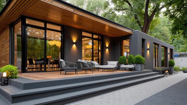 Modern architectural exterior showcasing a stylish home with wooden accents, large windows, and inviting outdoor seating area, highlighting design elements and landscaping features in a serene environ