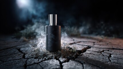 Masculine cologne bottle mockup on cracked earth with smoke, symbolizing strength and determination