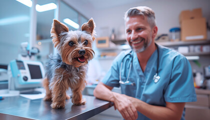happy Yorkshire Terrier sits on a table at a veterinary clinic, looking at camera with cheerful expression and smiling veterinarian wearing white coat and stethoscope, exuding professionalism and care