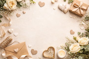 Valentine holiday background with decorative hearts, flowers, git box at the neutral