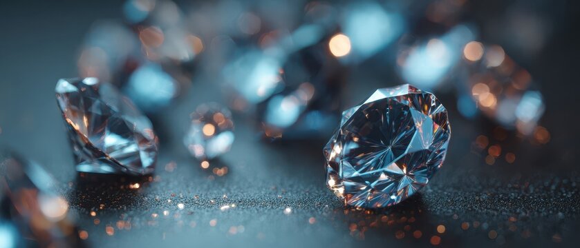 Brilliant cut diamonds sparkling on dark textured surface with soft bokeh lights