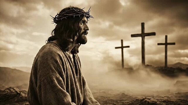 Portrait of Jesus Christ Wearing Crown of Thorns with Three Wooden Crosses on Hill in Background Depicting the Passion and Crucifixion