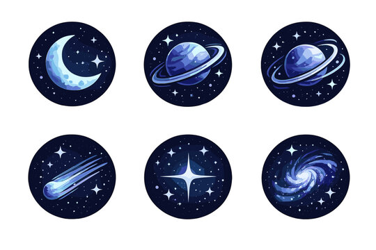 Cosmic Serenity Icons. Solid style round vector icons of cosmic serenity: moon, planet, orbit, comet, starlight, galaxy No text,