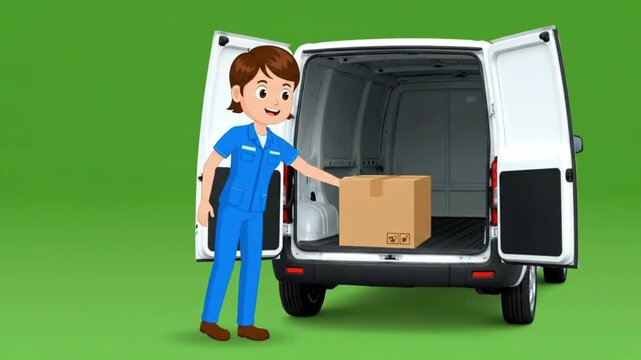 A delivery person in blue uniform standing beside an open white van with a cardboard box inside on a green background, engaged in business delivery activity.