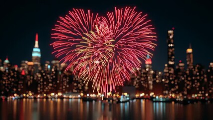 Colorful heart-shaped fireworks illuminate night sky over city skyline, showcasing vibrant bursts and cascading sparks in a stunning visual display of celebration and joy - Powered by Adobe